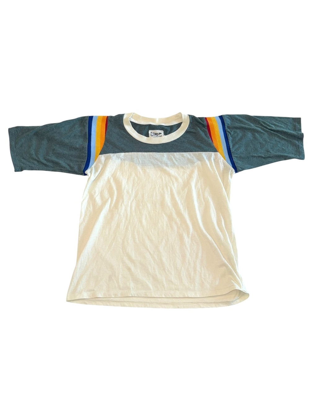 Camp Collection Women’s Rainbow Stripe Ringer Raglan Tee Cream Green Retro S